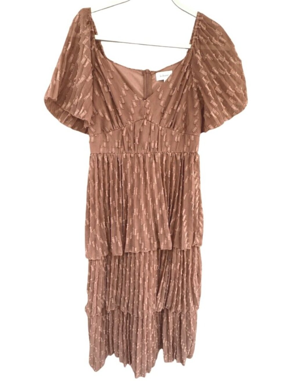 Bohme Hallie Tiered Midi Dress Brown Dotted Mesh Puff Sleeve Womens Medium